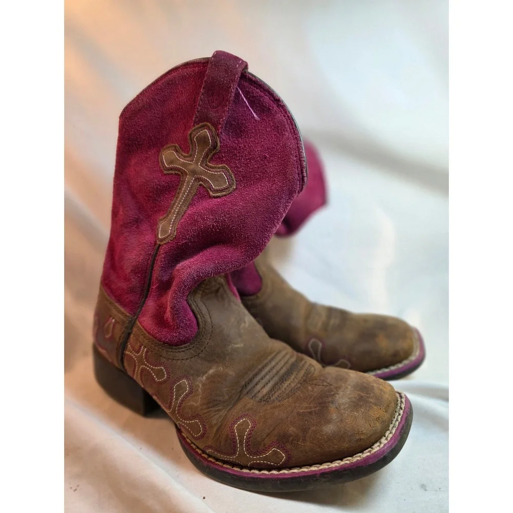 Ariat Fatbaby Western Boots Brown Leather Purple Suede Cross 10011892 Kids 13